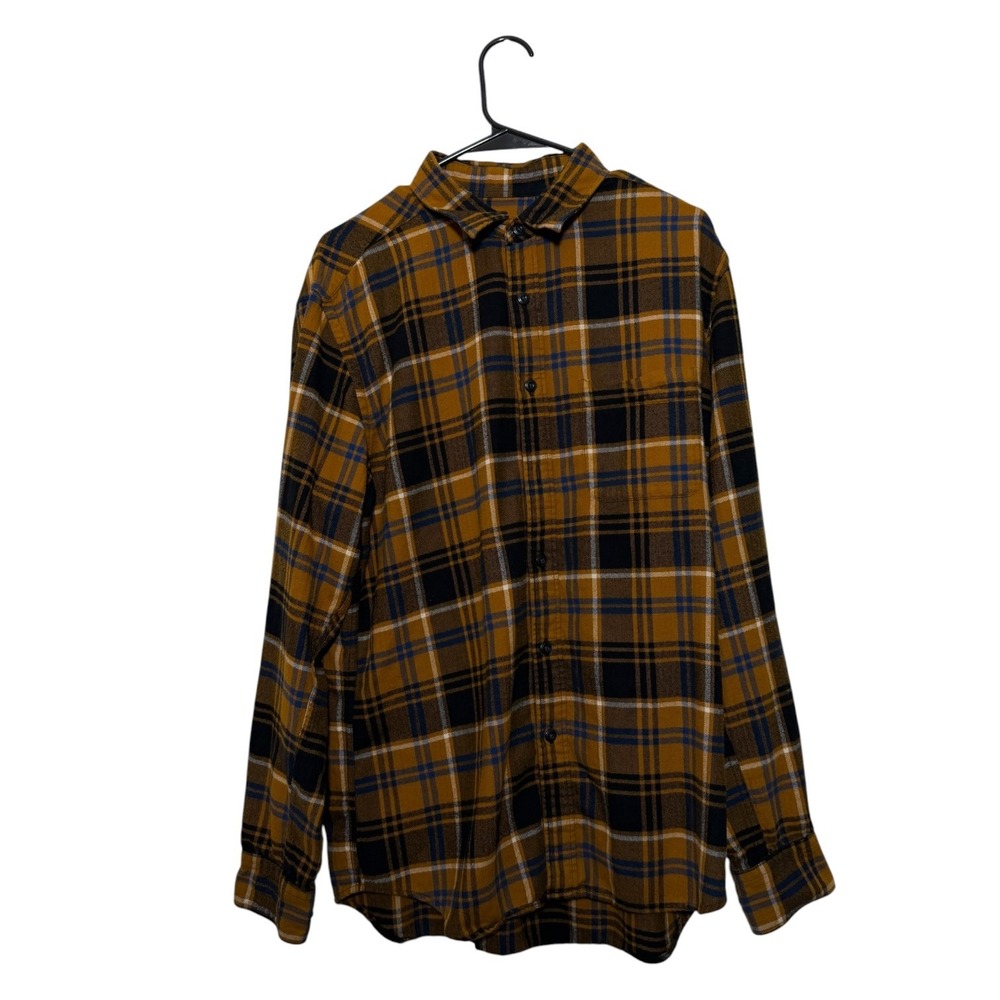 Uniqlo Flannel Preppy Button Down Shirt Cotton Yellow Navy Blue Plaid Mens Large